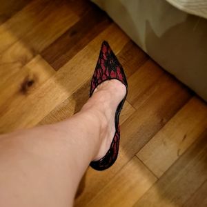 Guess Holiday Red Satin Pump with Black Lace Overlay with 4" heel